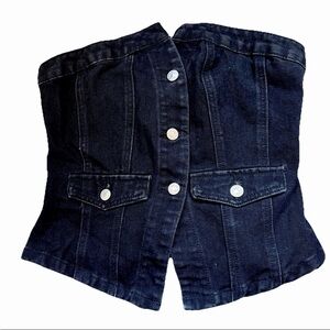Emerson Lang Black Denim Strapless Corset Bustier Crop Top -Trendy Y2K